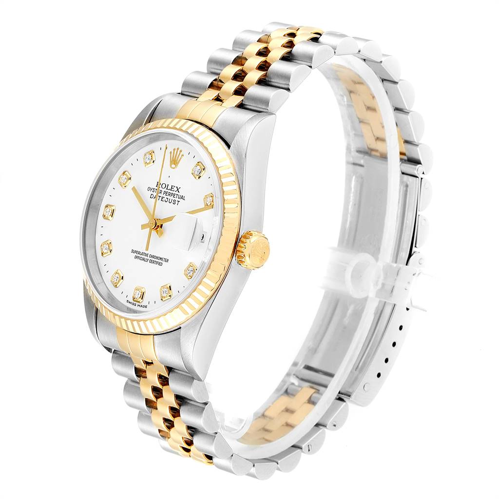 The Rolex Datejust 16233 Men's Steel and Gold (two tone) White Dial 16233 Men's Steel and Gold (two tone) White Dial watch is shown at a three-quarter angle, displaying its white dial, gold bezel, and two-tone bracelet.