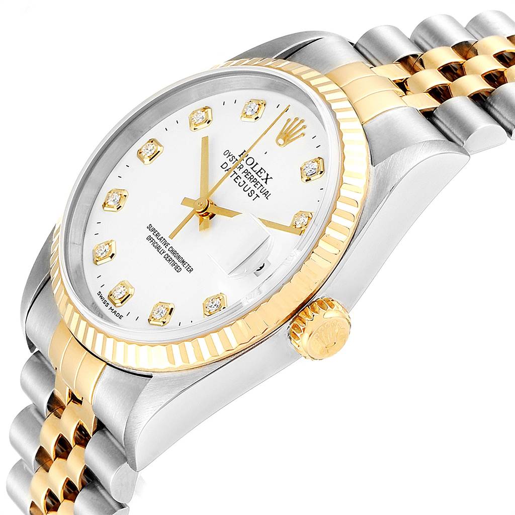 The image shows a close-up side angle of a Rolex Datejust 16233 Men's Steel and Gold (two tone) White Dial 16233 Men's Steel and Gold (two tone) White Dial watch, highlighting its gold bezel, crown, white dial, and two-tone bracelet.