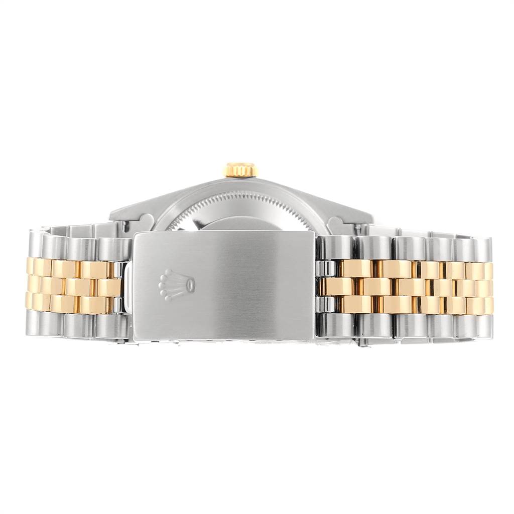 This image shows the back of the Rolex Datejust 16233 Men's Steel and Gold (two tone) White Dial 16233 Men's Steel and Gold (two tone) White Dial watch, highlighting the clasp and part of the bracelet.