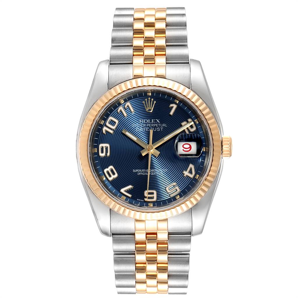 This image shows a frontal view of the Rolex Datejust 116233 Men
s Steel and Gold (two tone) Blue Dial 116233 Men
s Steel and Gold (two tone) Blue Dial watch, highlighting the dial, bezel, case, crown, and bracelet.