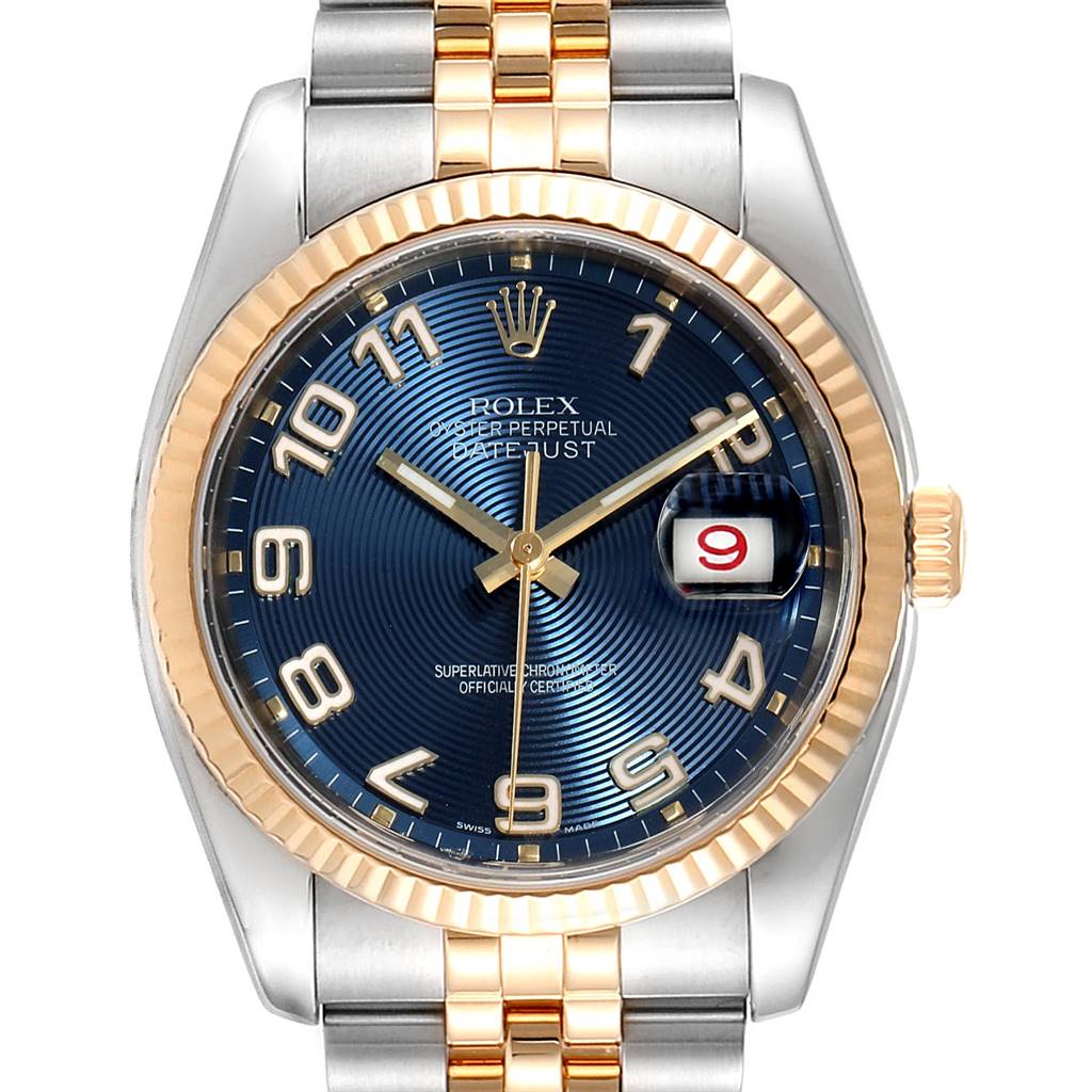 This is a front view of the Rolex Datejust 116233 Men
s Steel and Gold (two tone) Blue Dial 116233 Men
s Steel and Gold (two tone) Blue Dial watch, showing the face, bezel, crown, and bracelet.