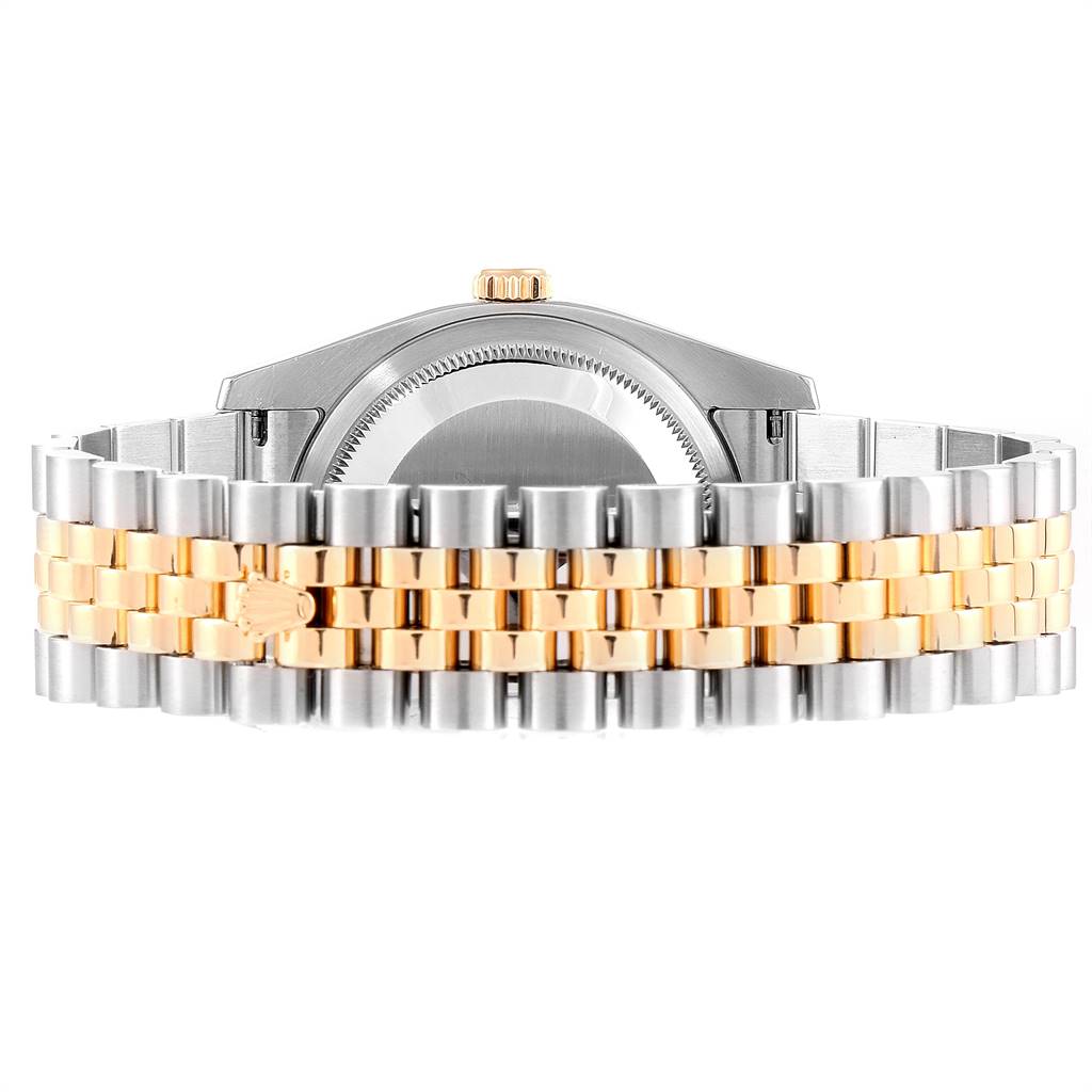 The image displays the back view of a Rolex Datejust 116233 Men
s Steel and Gold (two tone) Blue Dial 116233 Men
s Steel and Gold (two tone) Blue Dial watch, featuring its two-tone Jubilee bracelet.