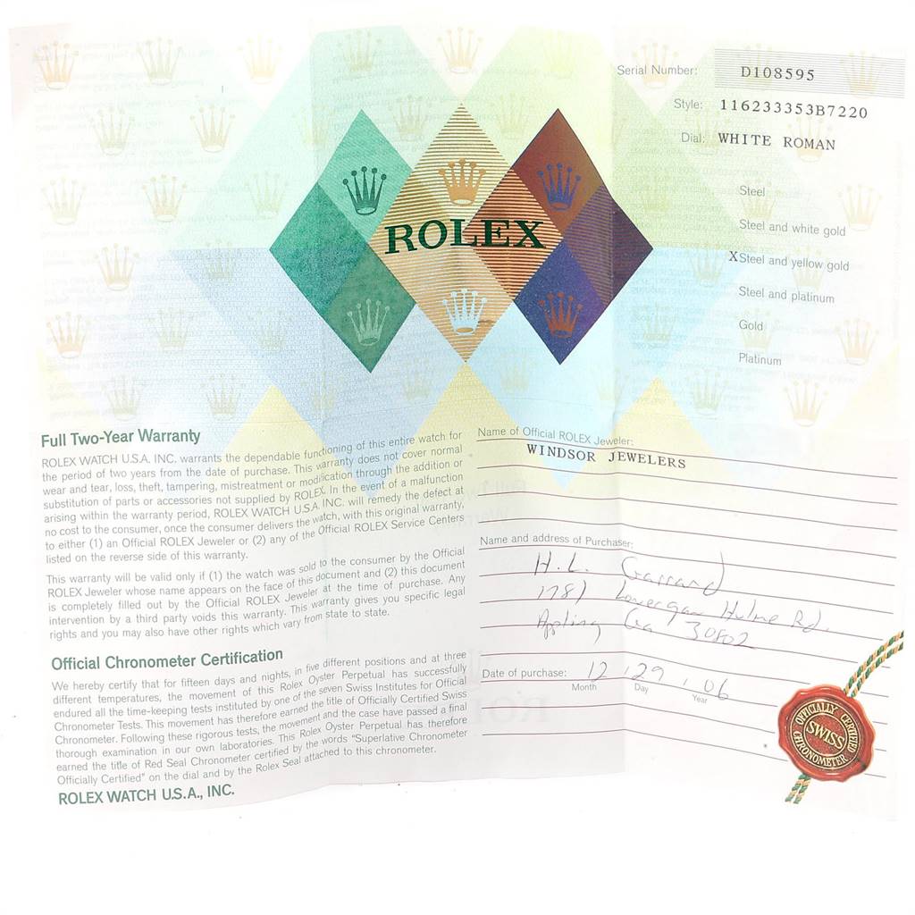 The image shows the warranty and certification paperwork for a Rolex Datejust 116233 Men's Stainless Steel White Dial 116233 Men's Stainless Steel White Dial watch.