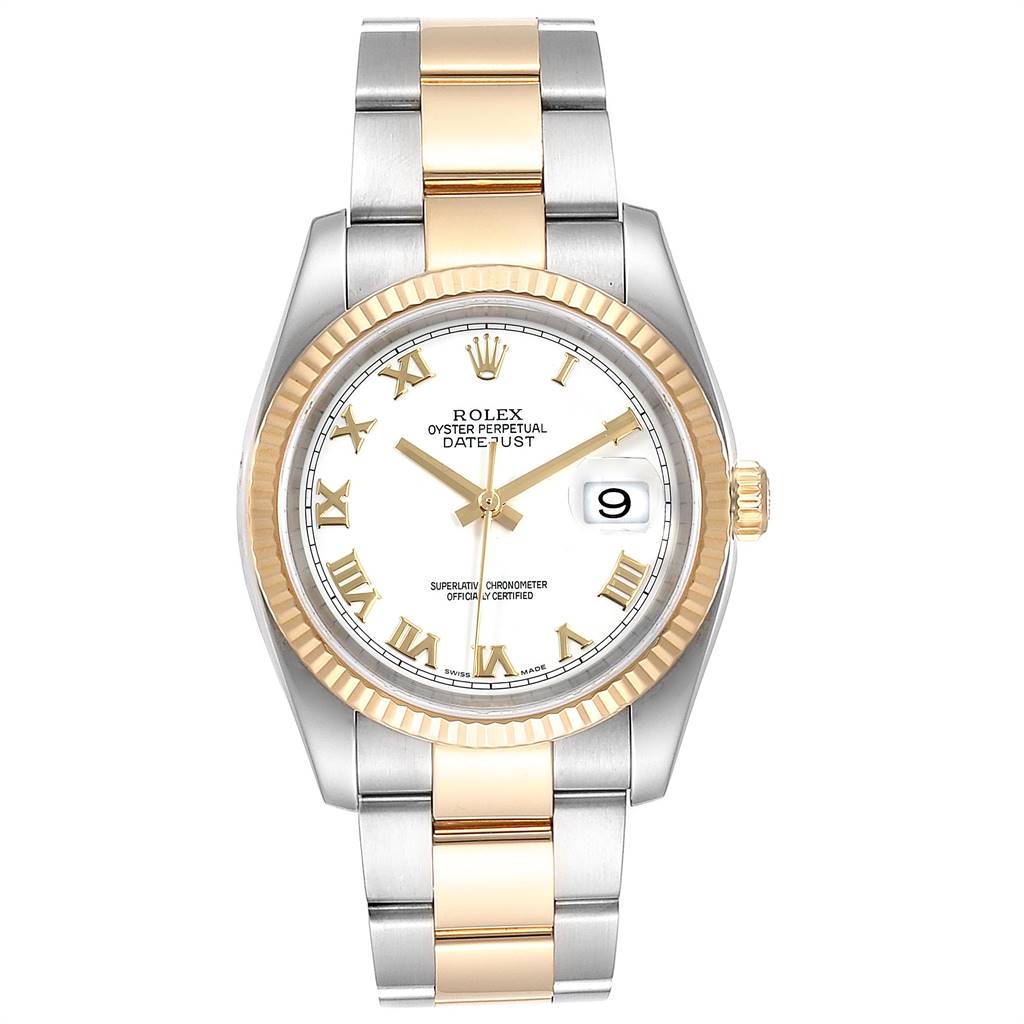 The image shows a front view of a Rolex Datejust 116233 Men's Stainless Steel White Dial 116233 Men's Stainless Steel White Dial watch, displaying its dial, bezel, and two-tone bracelet.