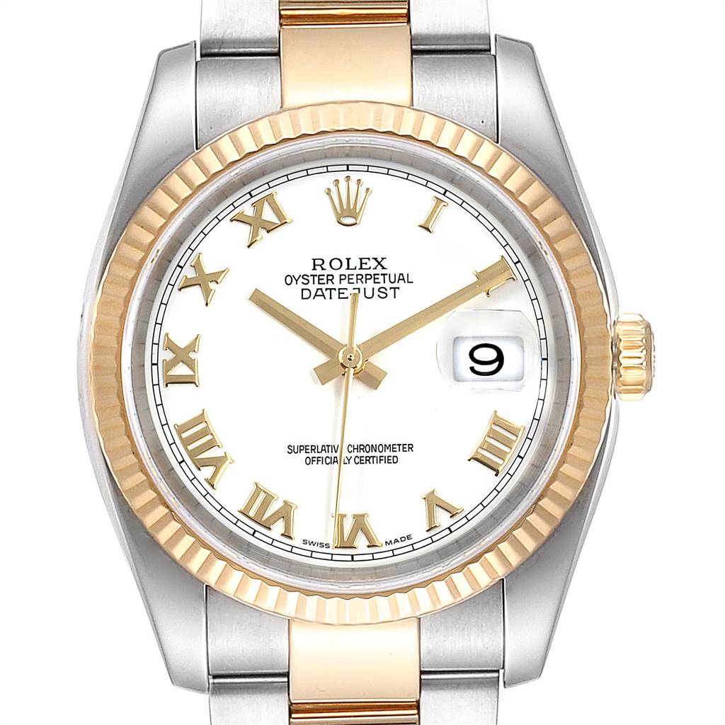 This image shows a front view of a Rolex Datejust 116233 Men's Stainless Steel White Dial 116233 Men's Stainless Steel White Dial watch, highlighting its dial, bezel, and bracelet.