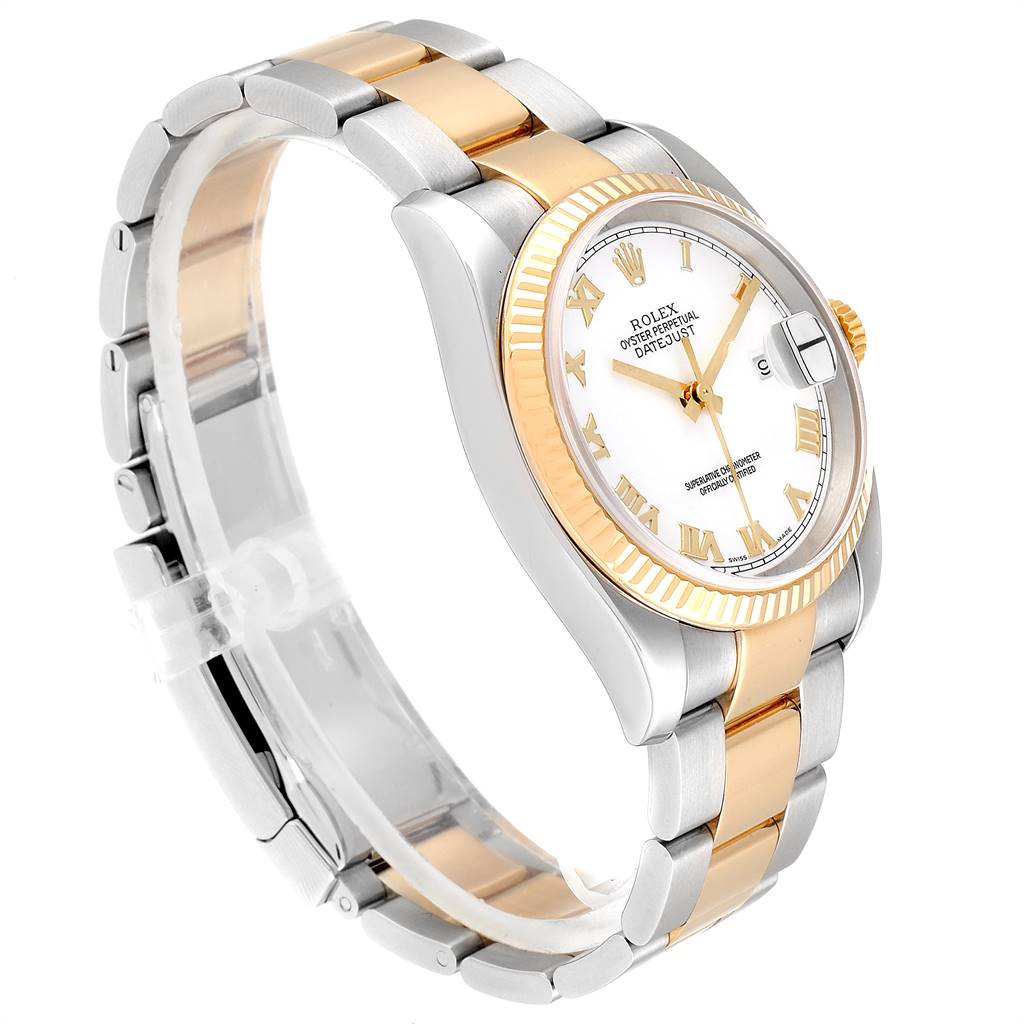 The Rolex Datejust 116233 Men's Stainless Steel White Dial 116233 Men's Stainless Steel White Dial watch is shown at a slight angle displaying the face, bezel, and two-tone bracelet.