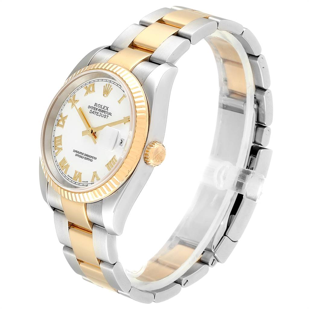 The image shows a Rolex Datejust 116233 Men's Stainless Steel White Dial 116233 Men's Stainless Steel White Dial watch at an oblique angle, highlighting its gold bezel, crown, and two-tone bracelet.