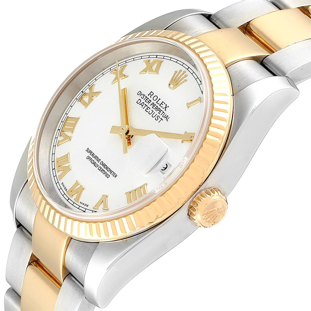The image shows a side angle of the Rolex Datejust 116233 Men's Stainless Steel White Dial 116233 Men's Stainless Steel White Dial watch focusing on the face, crown, and bracelet.