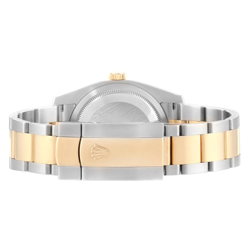 The image shows a rear view of the Rolex Datejust 116233 Men's Stainless Steel White Dial 116233 Men's Stainless Steel White Dial watch, focusing on its bi-metal bracelet and clasp.