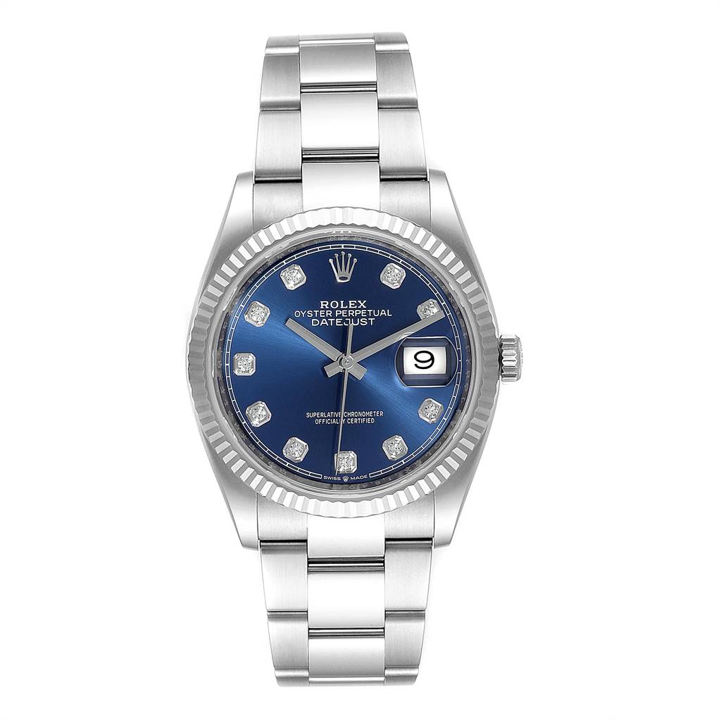 The Rolex Datejust 126234 Men's Stainless Steel Blue Dial 126234 Men's Stainless Steel Blue Dial watch is shown from a top-down view, displaying the face, bezel, and bracelet.