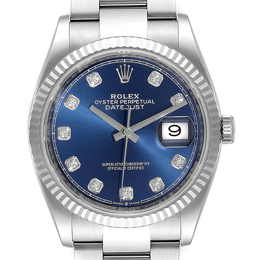 This image shows a close-up, front view of the Rolex Datejust 126234 Men's Stainless Steel Blue Dial 126234 Men's Stainless Steel Blue Dial watch, highlighting its blue dial, bezel, markers, and bracelet.