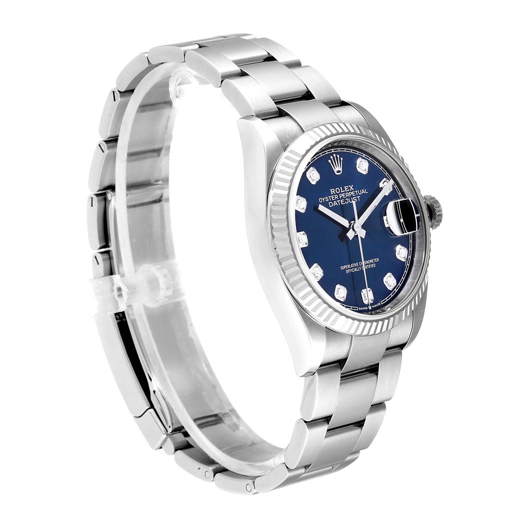 The image shows a side-angle view of a Rolex Datejust 126234 Men's Stainless Steel Blue Dial 126234 Men's Stainless Steel Blue Dial watch, featuring the bracelet, case, and dial with markers.