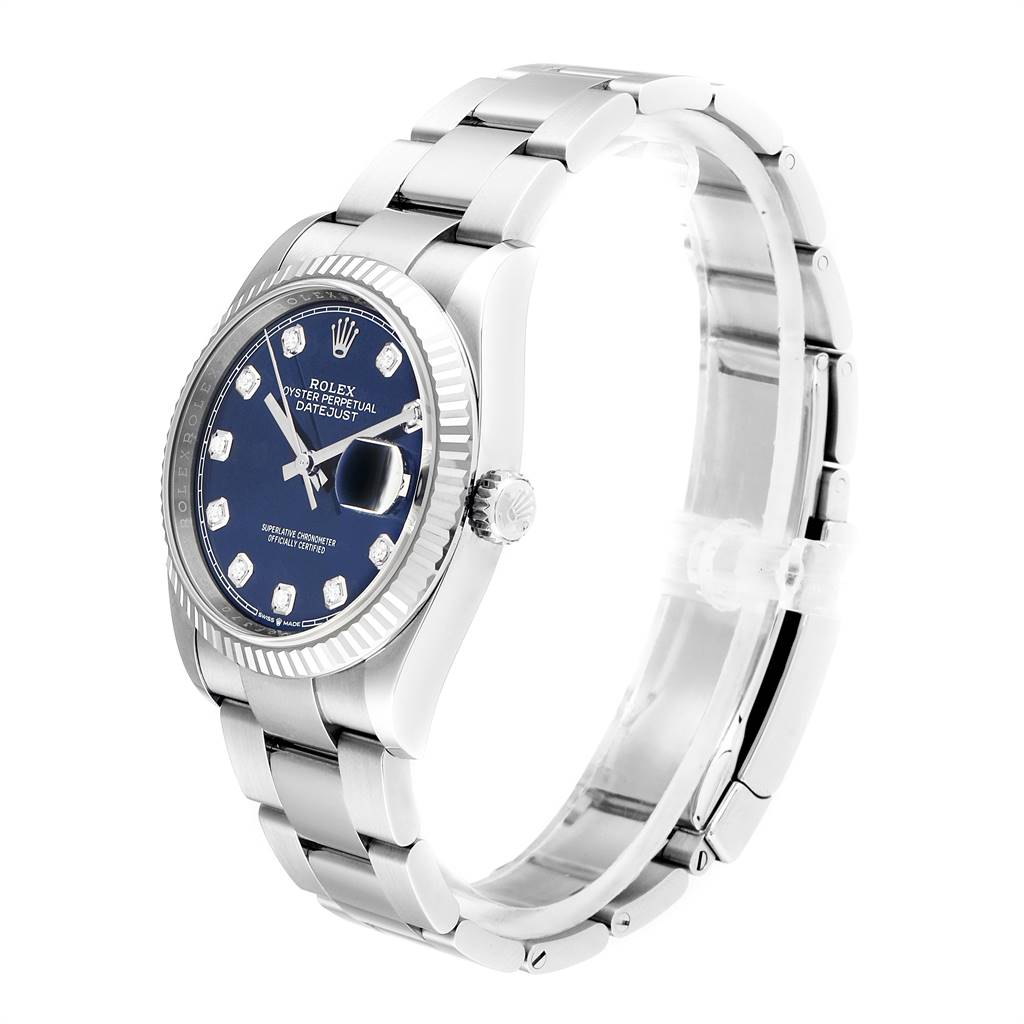 The Rolex Datejust 126234 Men's Stainless Steel Blue Dial 126234 Men's Stainless Steel Blue Dial watch is shown from a side angle highlighting the bracelet, bezel, dial, and crown.