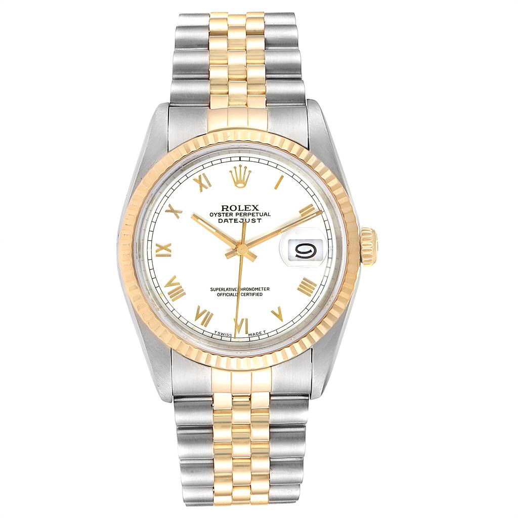 This Rolex Datejust 16233 Men's Steel and Gold (two tone) White Dial 16233 Men's Steel and Gold (two tone) White Dial watch is shown from a front angle, highlighting its face, bezel, and two-tone bracelet.