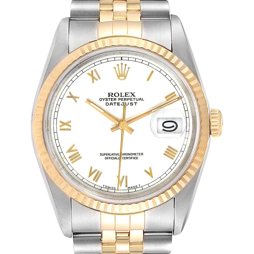 The image shows a Rolex Datejust 16233 Men's Steel and Gold (two tone) White Dial 16233 Men's Steel and Gold (two tone) White Dial watch from the front, highlighting the face, bezel, crown, and part of the bracelet.