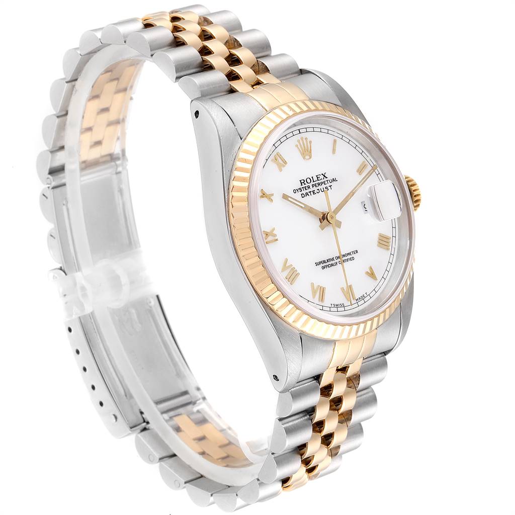 This image shows a Rolex Datejust 16233 Men's Steel and Gold (two tone) White Dial 16233 Men's Steel and Gold (two tone) White Dial watch at a side angle, highlighting its two-tone bracelet, fluted bezel, and white dial.
