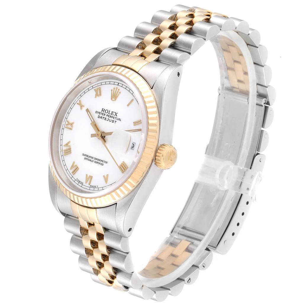 The Rolex Datejust 16233 Men's Steel and Gold (two tone) White Dial 16233 Men's Steel and Gold (two tone) White Dial watch is shown at an angle revealing the bezel, dial, crown, and two-tone bracelet.