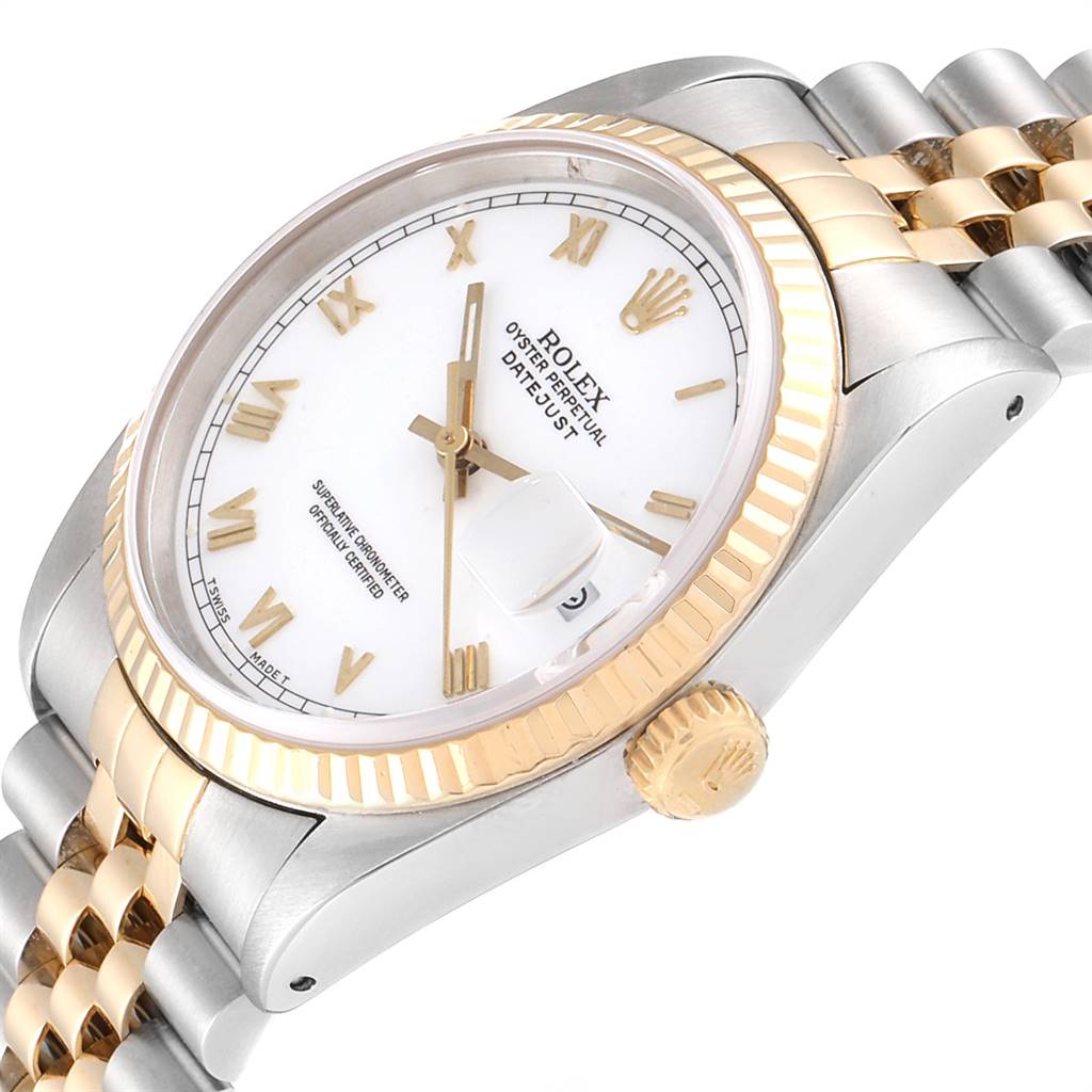 This image shows the Datejust model by Rolex from a side angle, highlighting its gold fluted bezel, crown, and two-toned bracelet.