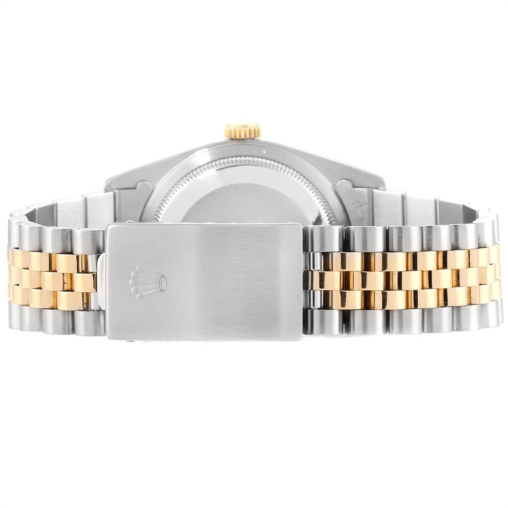 This image shows the back view of a Rolex Datejust 16233 Men's Steel and Gold (two tone) White Dial 16233 Men's Steel and Gold (two tone) White Dial watch, focusing on the bracelet and clasp.