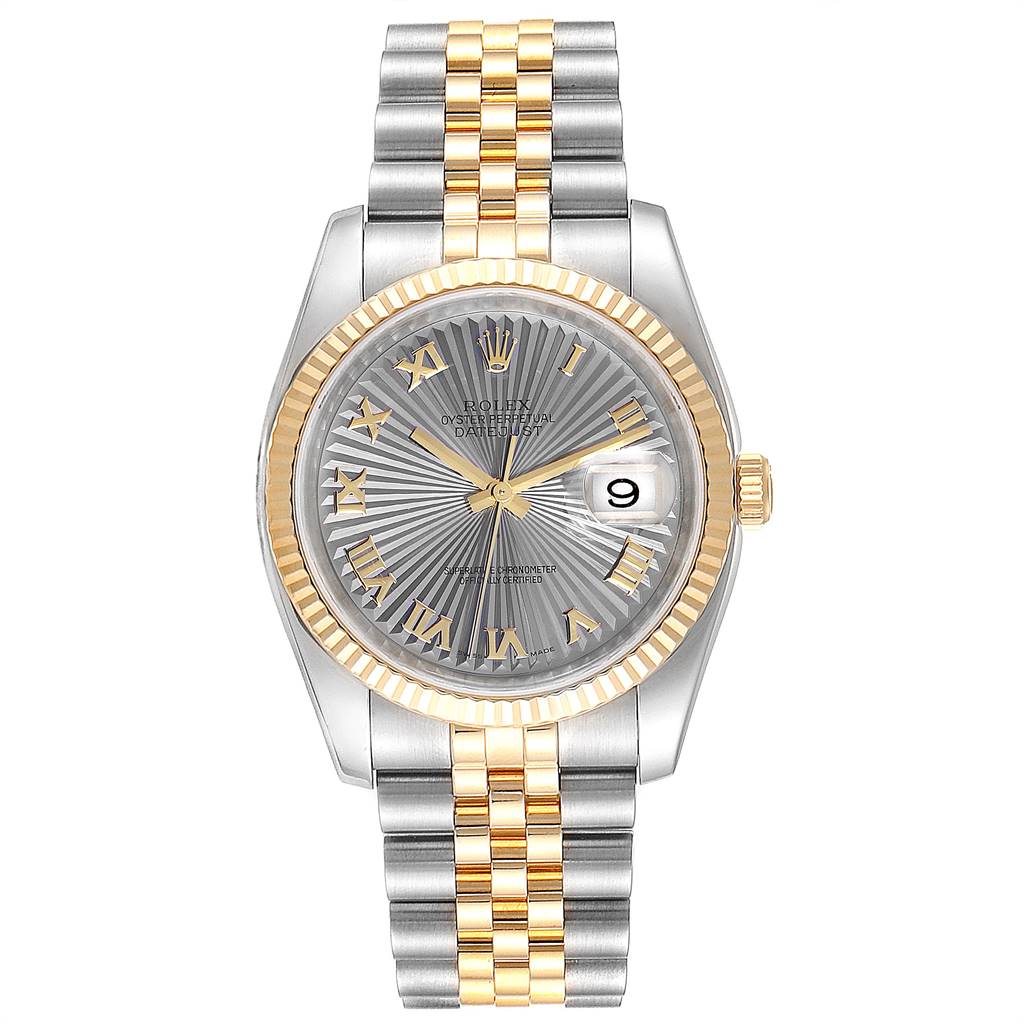 This image shows a Rolex Datejust 116233 Men's Stainless Steel Grey Dial 116233 Men's Stainless Steel Grey Dial watch from a front view, highlighting its fluted bezel, two-tone bracelet, and date window.