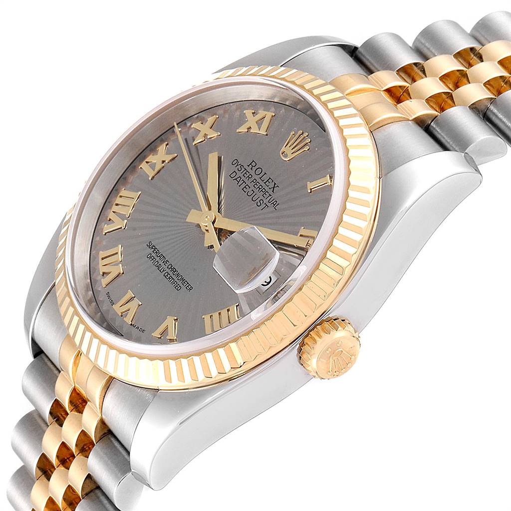 This image shows a close-up view of a Rolex Datejust 116233 Men's Stainless Steel Grey Dial 116233 Men's Stainless Steel Grey Dial watch, highlighting its face, bezel, and two-tone bracelet.