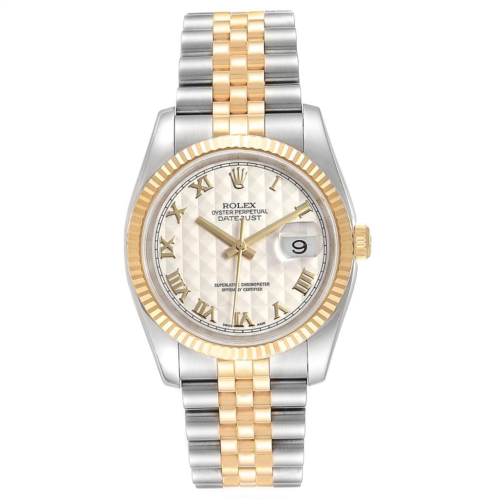 The image shows a front view of a Rolex Datejust 116233 Men's Steel and Gold (two tone) Beige Dial 116233 Men's Steel and Gold (two tone) Beige Dial watch, highlighting the dial, bezel, and two-tone bracelet.