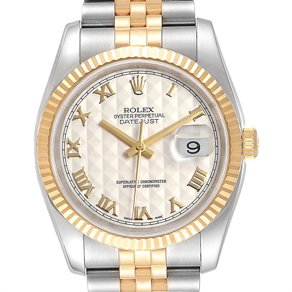 The image shows a front view of the Rolex Datejust 116233 Men's Steel and Gold (two tone) Beige Dial 116233 Men's Steel and Gold (two tone) Beige Dial watch, highlighting its dial, hands, date window, bezel, and part of the bracelet.