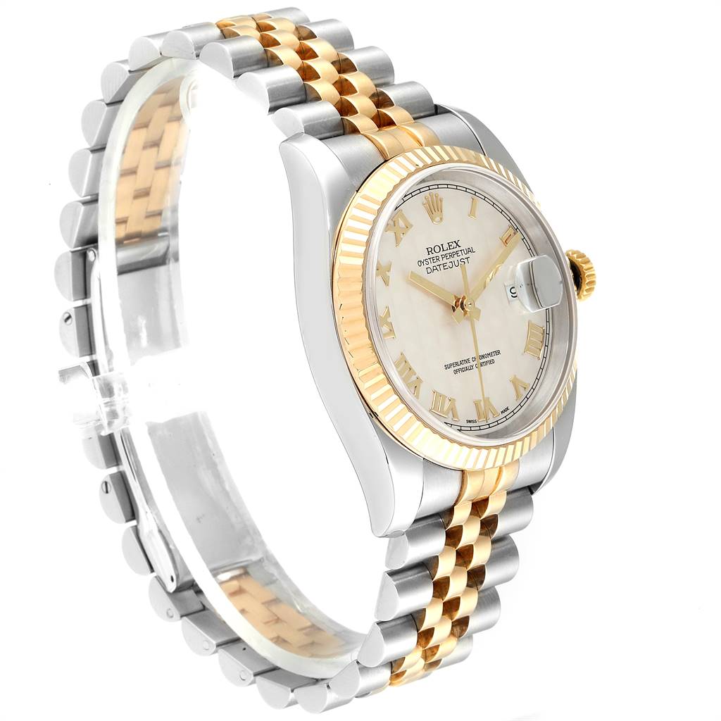 A side angle of the Rolex Datejust 116233 Men's Steel and Gold (two tone) Beige Dial 116233 Men's Steel and Gold (two tone) Beige Dial model watch showing the face, two-tone bracelet, and fluted bezel.