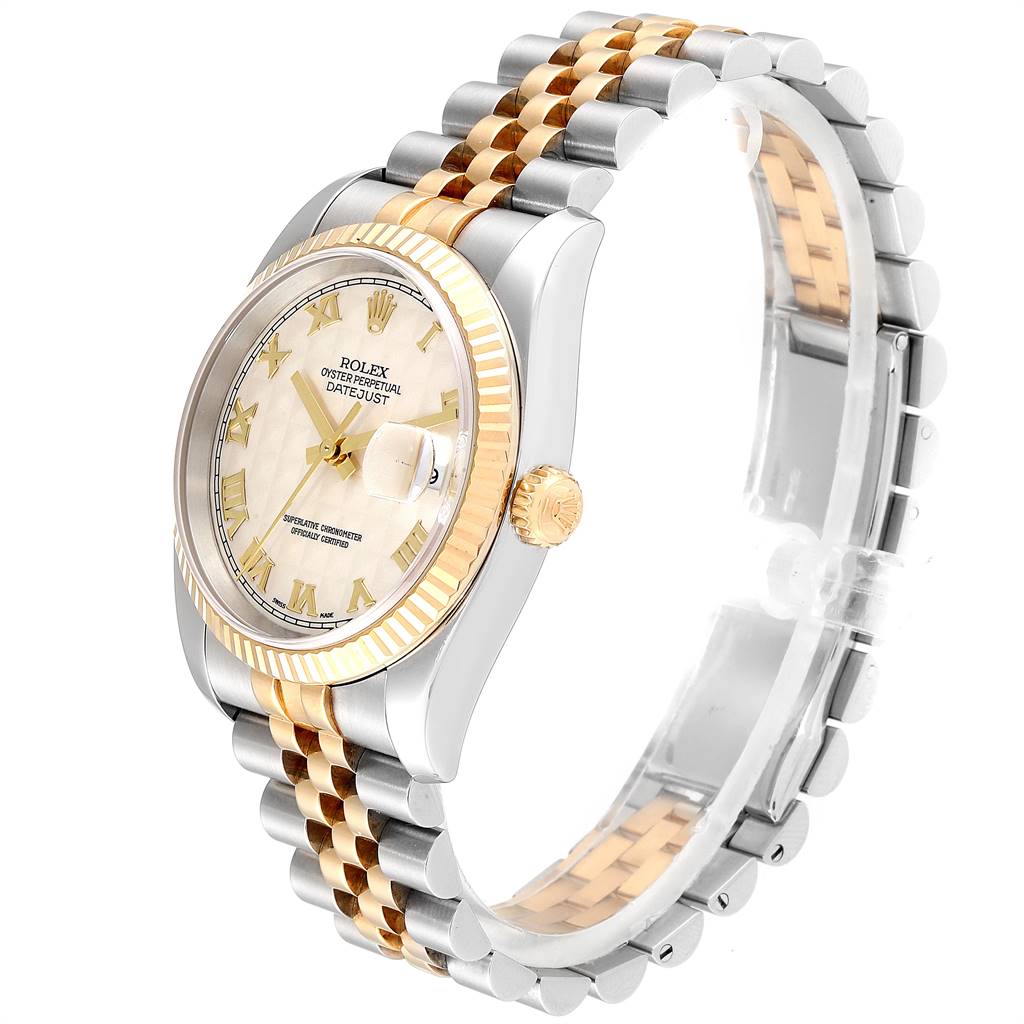 The image shows a Rolex Datejust 116233 Men's Steel and Gold (two tone) Beige Dial 116233 Men's Steel and Gold (two tone) Beige Dial watch at a three-quarter angle, displaying the dial, fluted bezel, and stainless steel and gold jubilee bracelet.