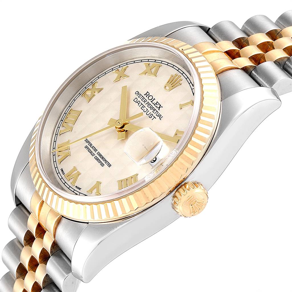 The image shows a side angle of the Rolex Datejust 116233 Men's Steel and Gold (two tone) Beige Dial 116233 Men's Steel and Gold (two tone) Beige Dial watch displaying its dial, crown, bezel, and part of its two-tone bracelet.