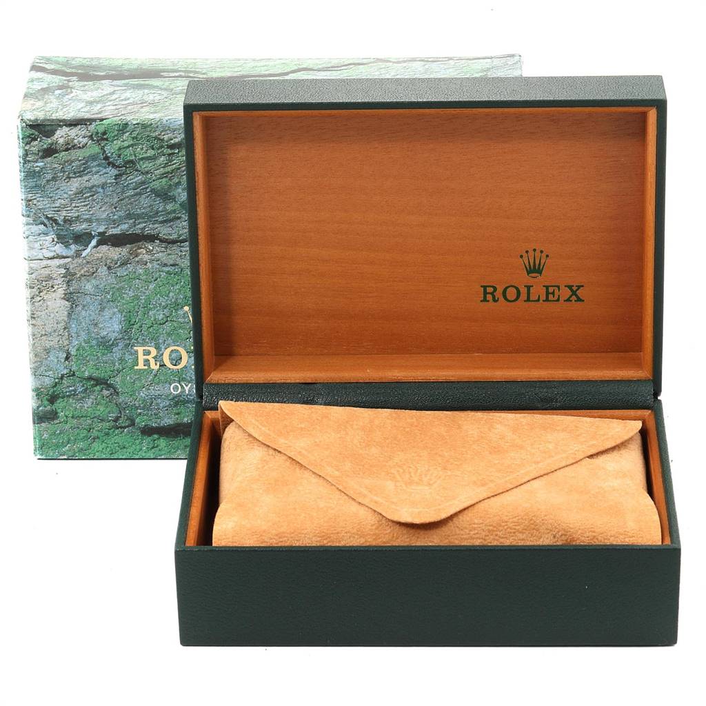 The image shows a Rolex Datejust 16233 Men
s Steel and Gold (two tone) Grey Dial 16233 Men
s Steel and Gold (two tone) Grey Dial packaging box open, revealing a leather pouch inside.