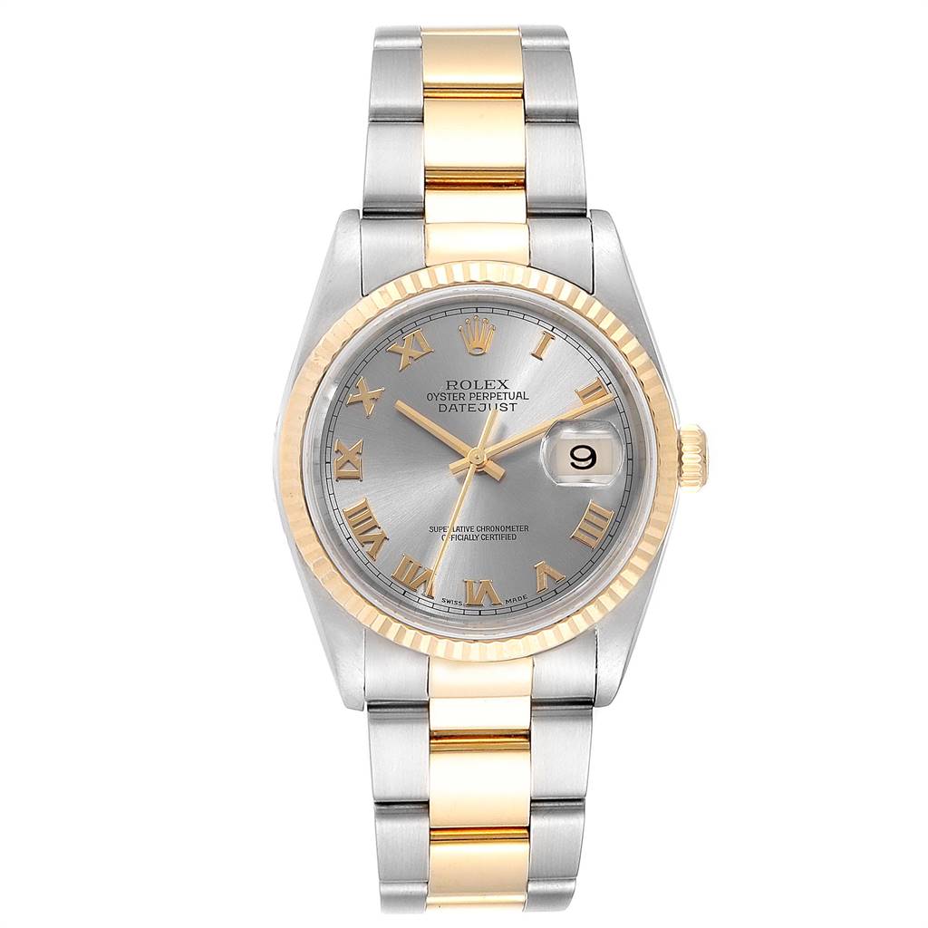 The image shows a front view of a Rolex Datejust 16233 Men
s Steel and Gold (two tone) Grey Dial 16233 Men
s Steel and Gold (two tone) Grey Dial watch, displaying its dial, bezel, case, and bracelet.