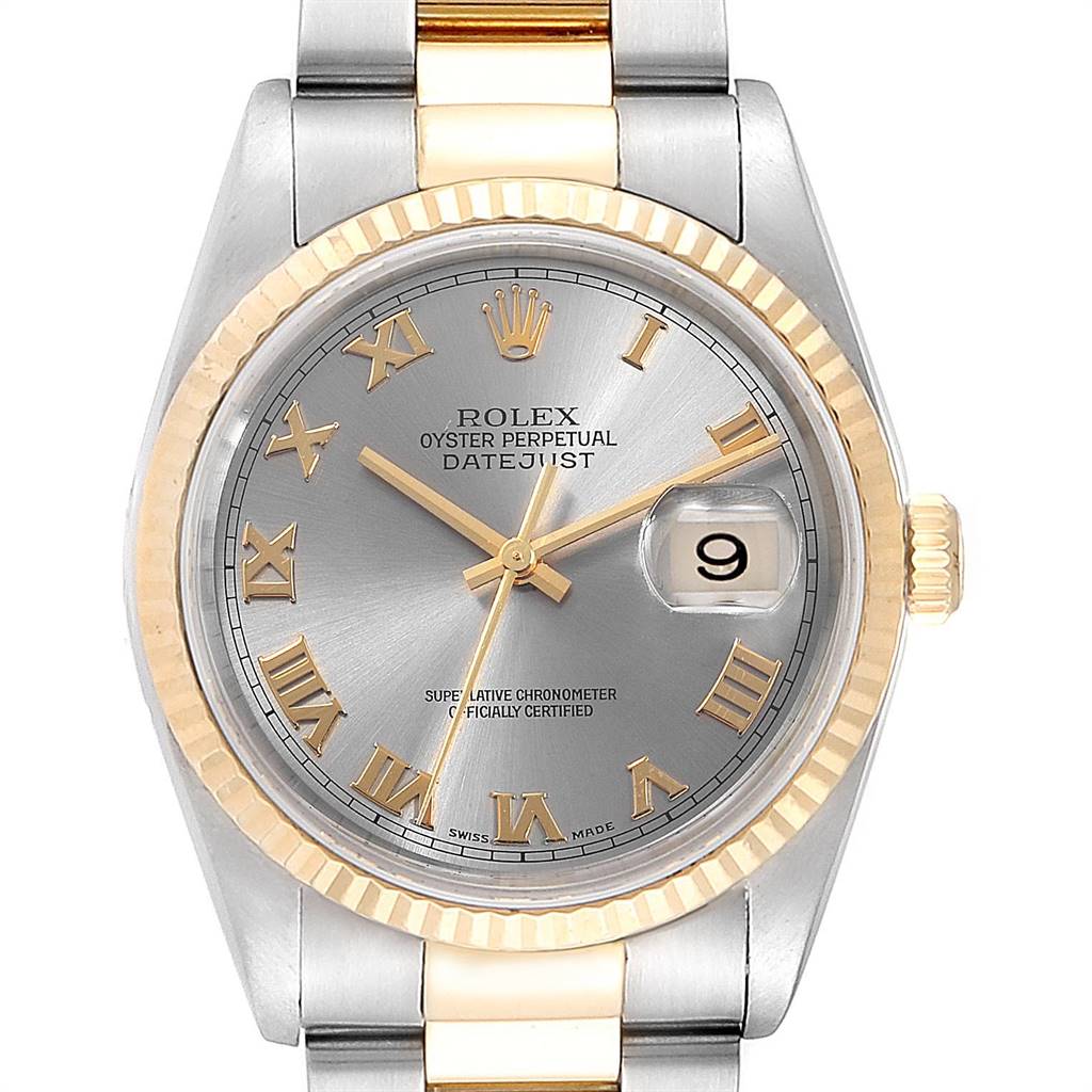 The image shows a Rolex Datejust 16233 Men
s Steel and Gold (two tone) Grey Dial 16233 Men
s Steel and Gold (two tone) Grey Dial watch from a straight-on angle, highlighting the face, bezel, and bracelet.