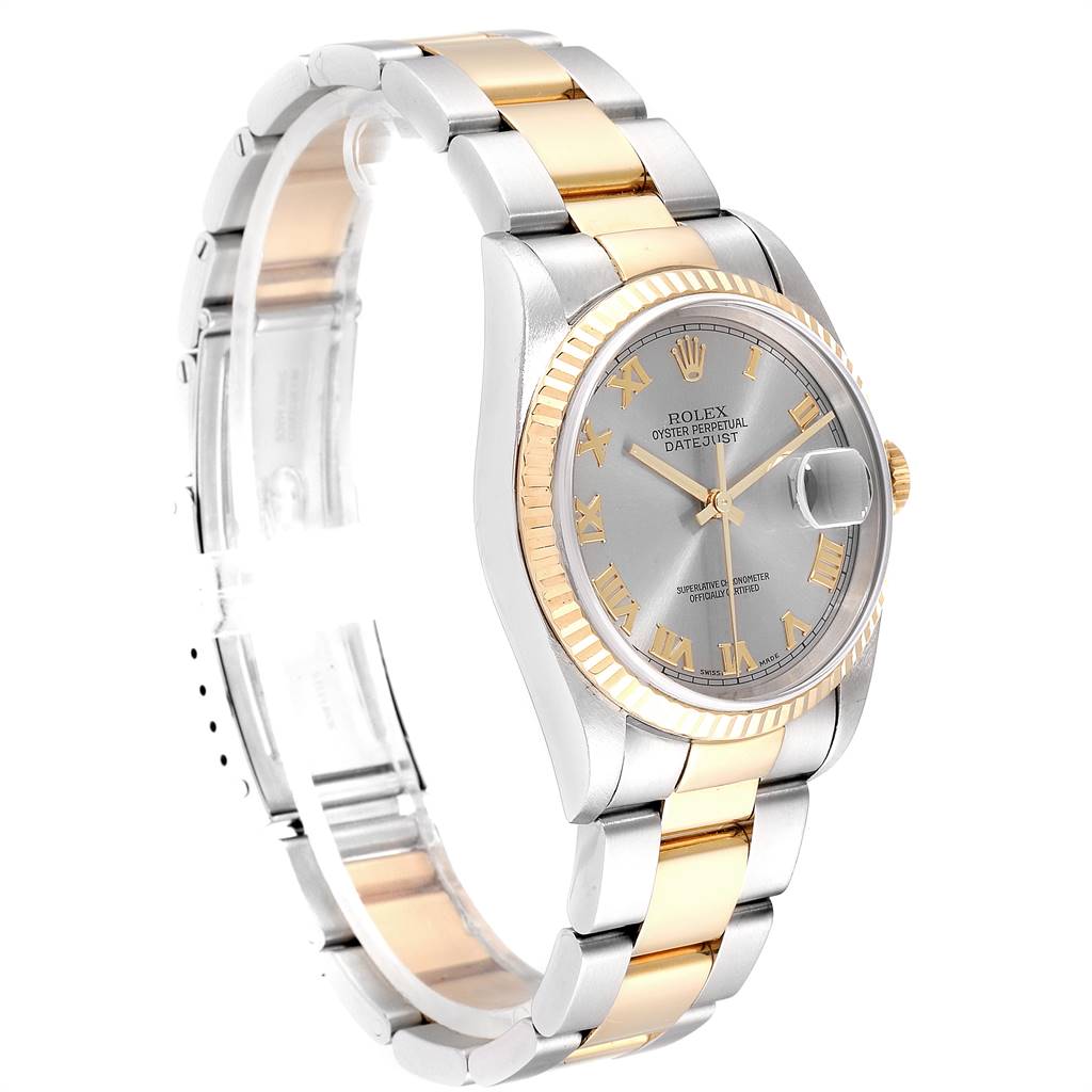 This image shows a side angle of a Rolex Datejust 16233 Men
s Steel and Gold (two tone) Grey Dial 16233 Men
s Steel and Gold (two tone) Grey Dial watch, highlighting its two-tone bracelet, bezel, and dial.
