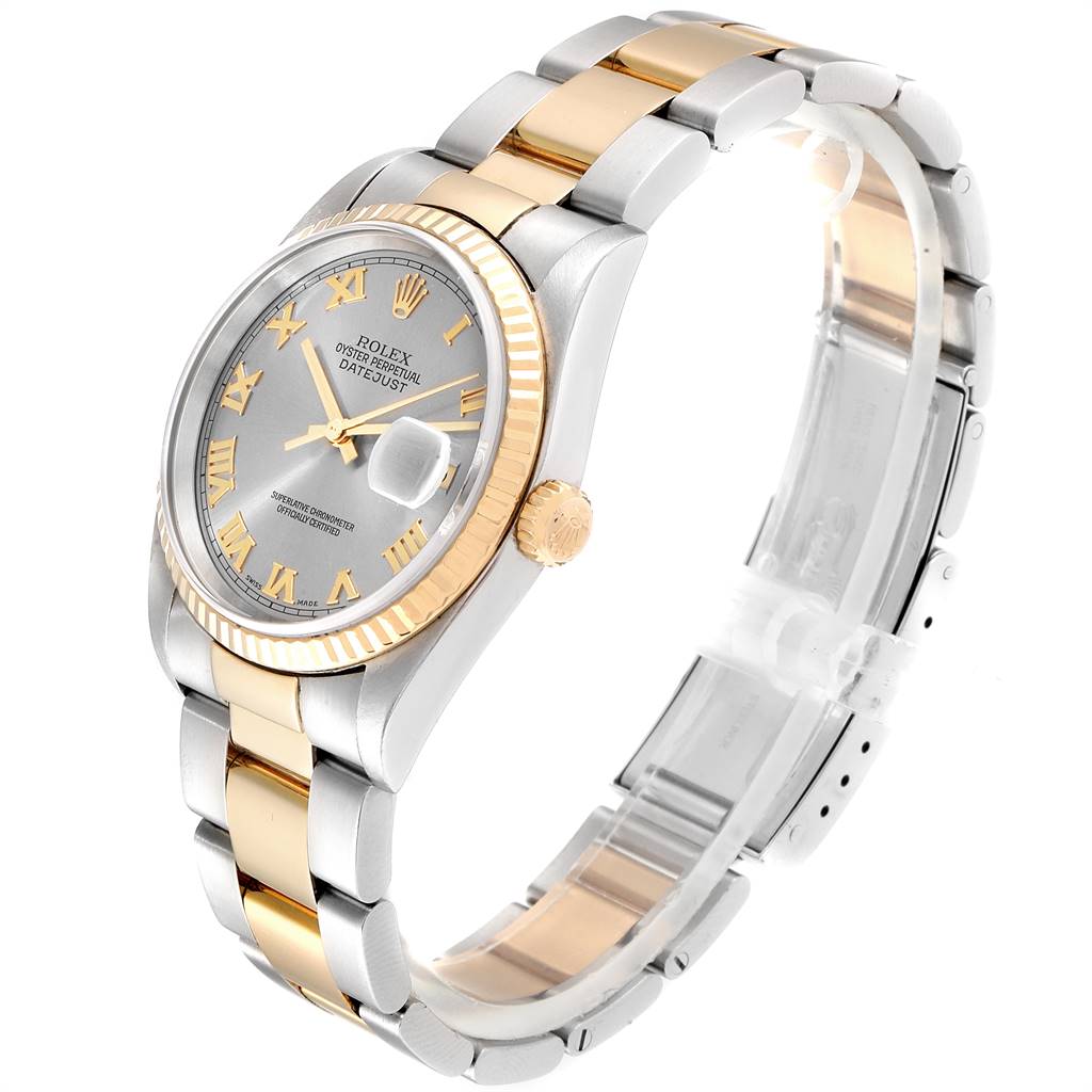 The image shows a Rolex Datejust 16233 Men
s Steel and Gold (two tone) Grey Dial 16233 Men
s Steel and Gold (two tone) Grey Dial watch at a three-quarter angle, highlighting the dial, bezel, crown, and part of the bracelet.
