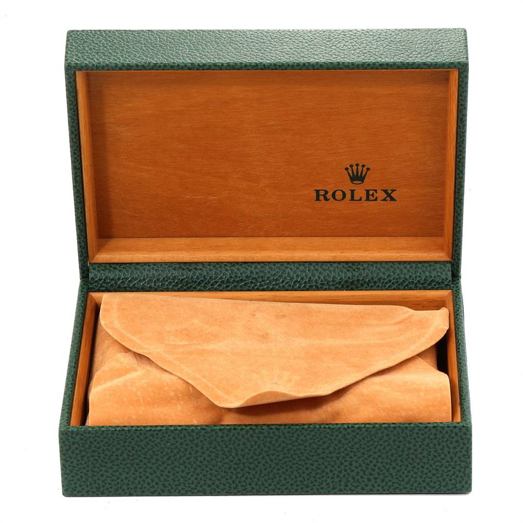 The image shows an empty Rolex Datejust 16200 Men's Stainless Steel Silver Dial 16200 Men's Stainless Steel Silver Dial watch box with a beige cloth inside.