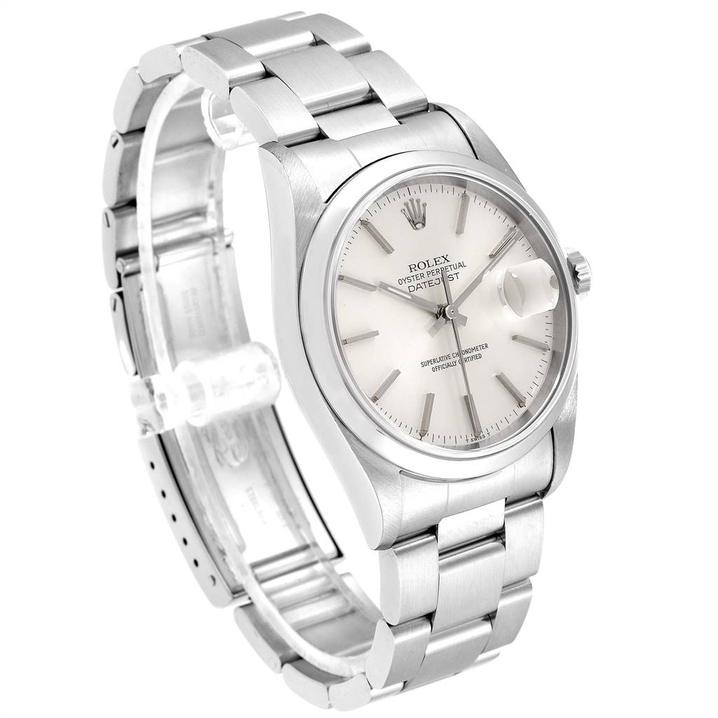 The image shows a Rolex Datejust 16200 Men's Stainless Steel Silver Dial 16200 Men's Stainless Steel Silver Dial watch at a three-quarter angle, highlighting the dial, bezel, and bracelet.