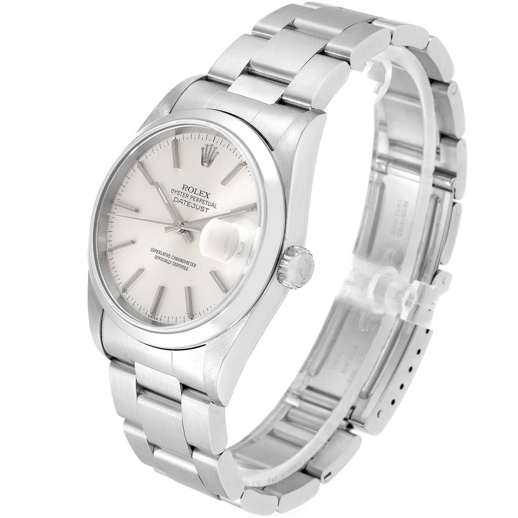 The image shows a Rolex Datejust 16200 Men's Stainless Steel Silver Dial 16200 Men's Stainless Steel Silver Dial watch at an angle highlighting the face, bezel, bracelet, and crown.