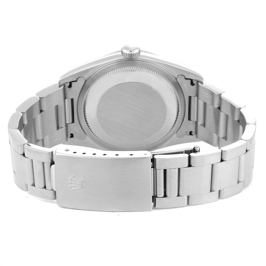 The image shows the back and clasp of a Rolex Datejust 16200 Men's Stainless Steel Silver Dial 16200 Men's Stainless Steel Silver Dial watch, highlighting its stainless steel bracelet and case back.