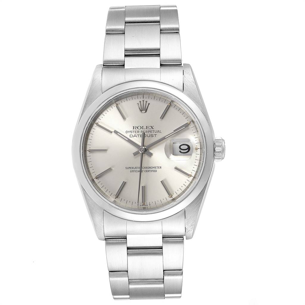 This image shows a frontal view of the Rolex Datejust 16200 Men's Stainless Steel Silver Dial 16200 Men's Stainless Steel Silver Dial, highlighting the dial, hands, date window, case, and bracelet.