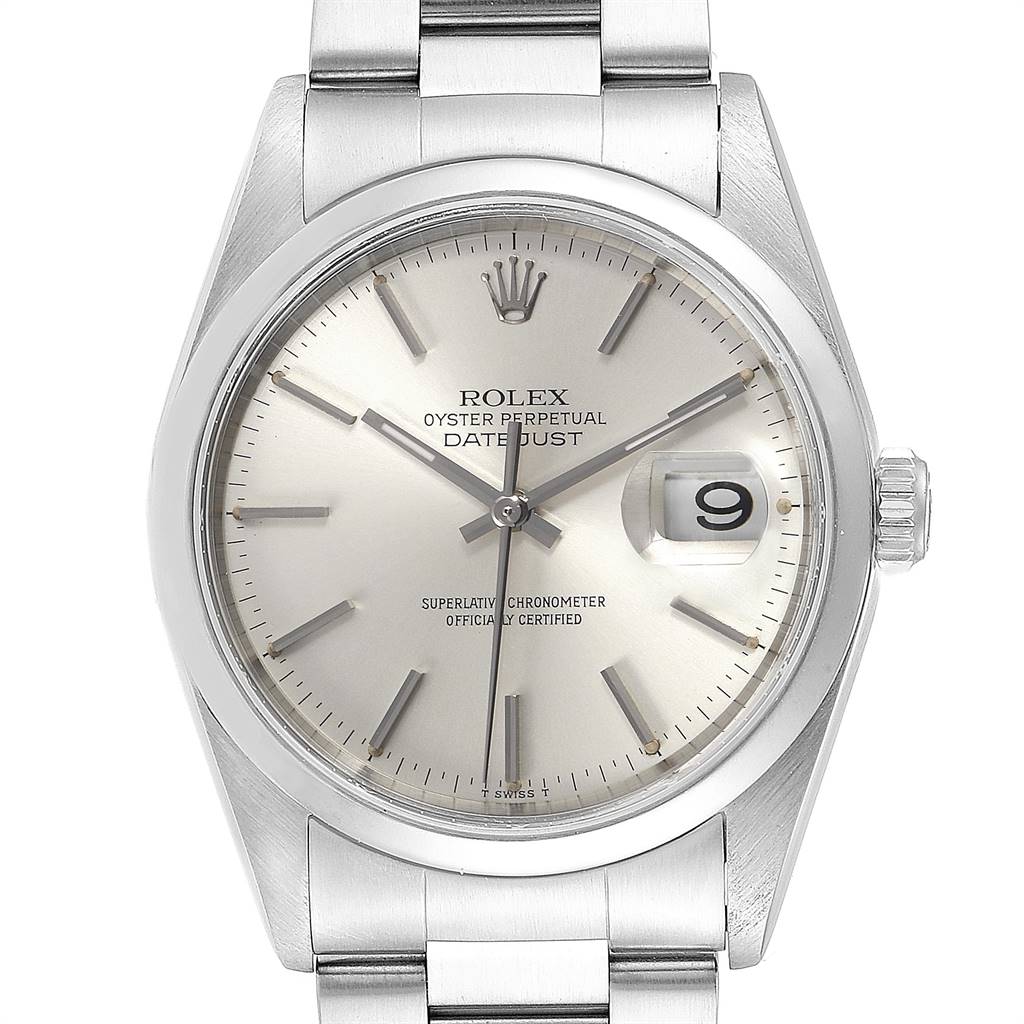 The image shows a front view of a Rolex Datejust 16200 Men's Stainless Steel Silver Dial 16200 Men's Stainless Steel Silver Dial watch, highlighting the dial, hands, date window, and part of the bracelet.
