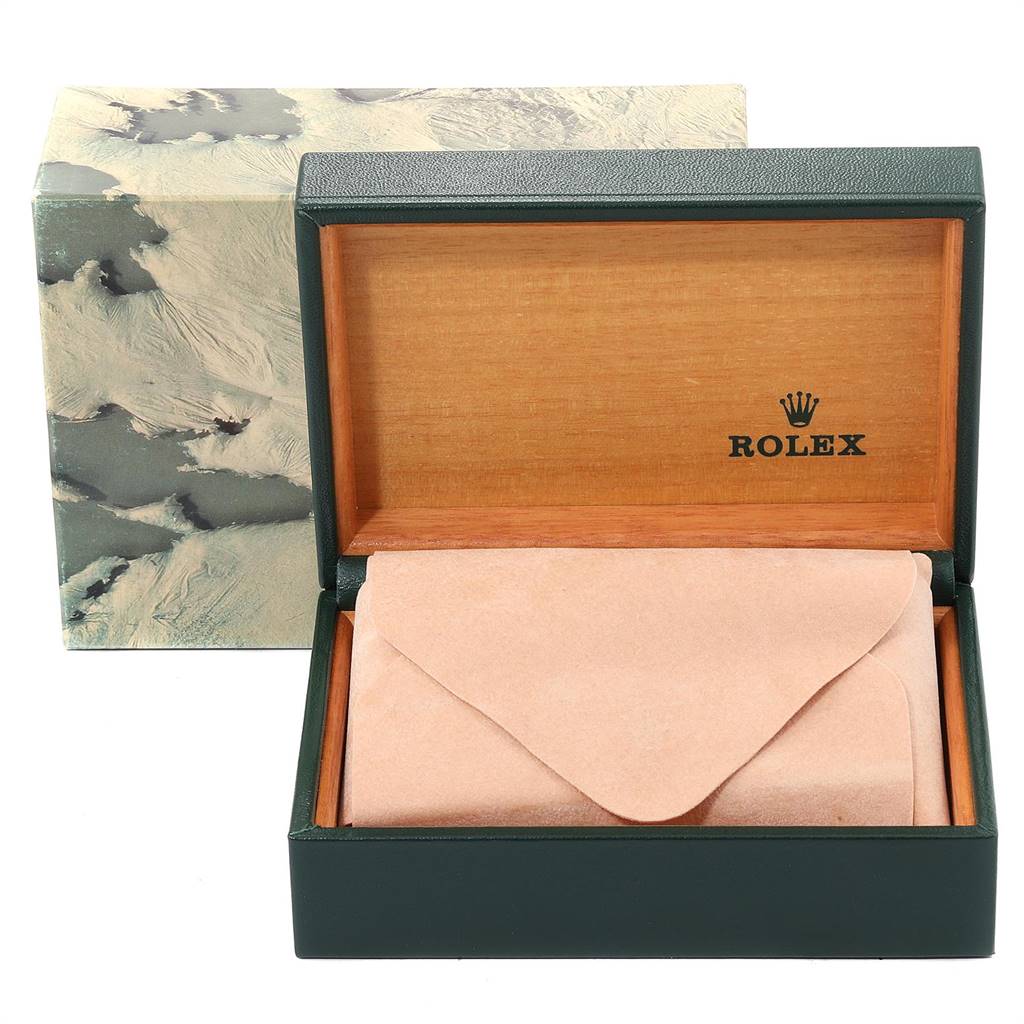 This image shows the outer box and inner case for a Rolex Datejust 16013 Men
s Stainless Steel Champagne Dial 16013 Men
s Stainless Steel Champagne Dial watch, with the inner case partially open.