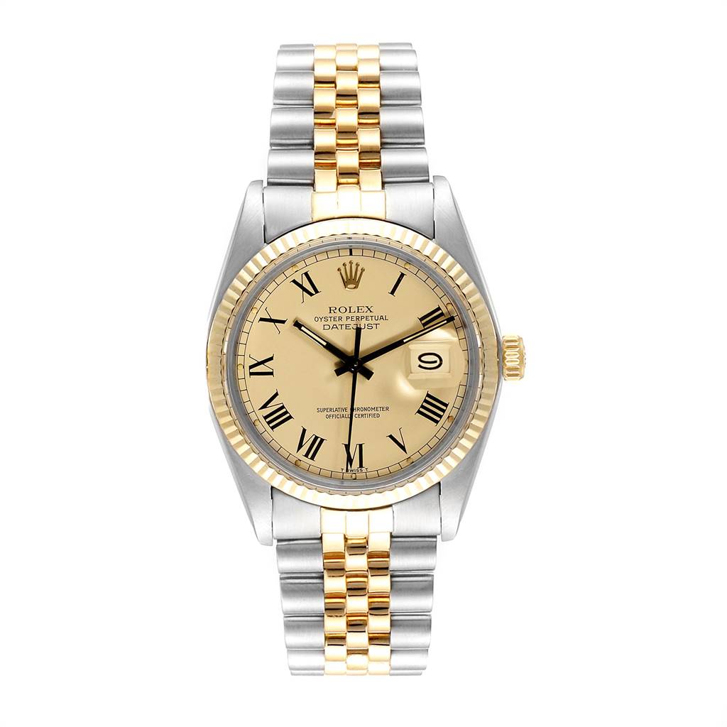 The Rolex Datejust 16013 Men
s Stainless Steel Champagne Dial 16013 Men
s Stainless Steel Champagne Dial watch is shown from a front angle, displaying the dial, bezel, crown, and two-tone metal bracelet.
