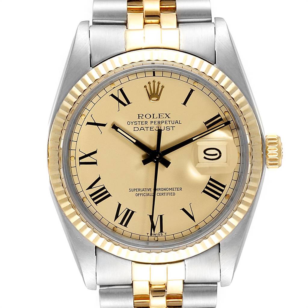 This image shows a frontal view of a Rolex Datejust 16013 Men
s Stainless Steel Champagne Dial 16013 Men
s Stainless Steel Champagne Dial watch, highlighting the dial, bezel, bracelet, and crown.
