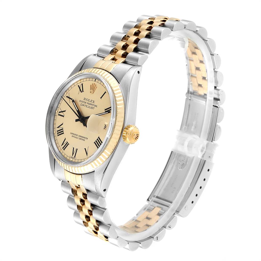 The image shows a Rolex Datejust 16013 Men
s Stainless Steel Champagne Dial 16013 Men
s Stainless Steel Champagne Dial watch at a three-quarter angle, highlighting the face, bezel, crown, and two-tone bracelet.