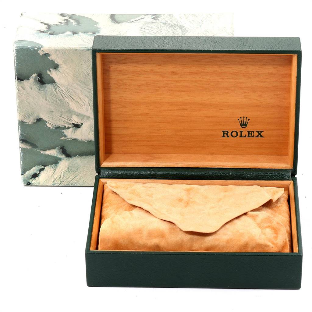 The image shows a Rolex Datejust 16233 Men's Steel and Gold (two tone) Beige Dial 16233 Men's Steel and Gold (two tone) Beige Dial model watch box with a suede watch pouch inside.