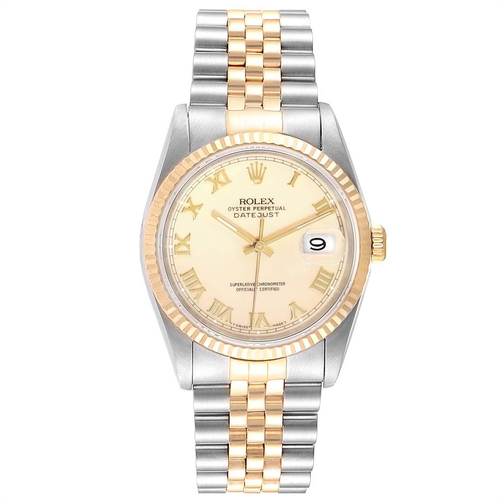 The image shows a front view of a Rolex Datejust 16233 Men's Steel and Gold (two tone) Beige Dial 16233 Men's Steel and Gold (two tone) Beige Dial watch with a two-tone bracelet and gold fluted bezel.