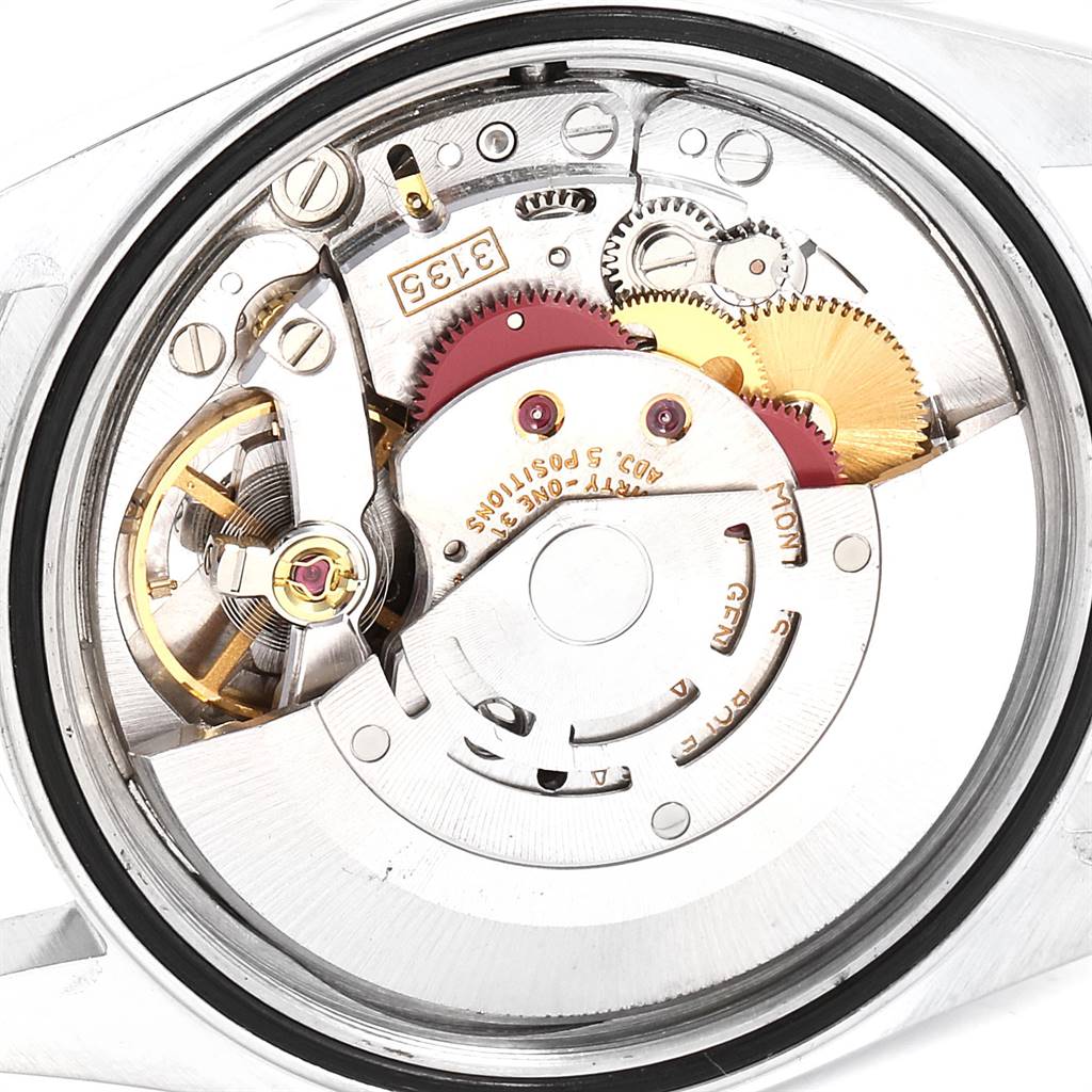 This is a close-up view of the movement and internal mechanism of a Rolex Datejust 16234 Men's Stainless Steel Silver Dial 16234 Men's Stainless Steel Silver Dial watch.
