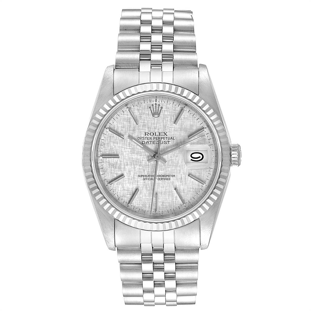 The image shows a Rolex Datejust 16234 Men's Stainless Steel Silver Dial 16234 Men's Stainless Steel Silver Dial watch from a front angle, featuring the face, bezel, crown, and bracelet.