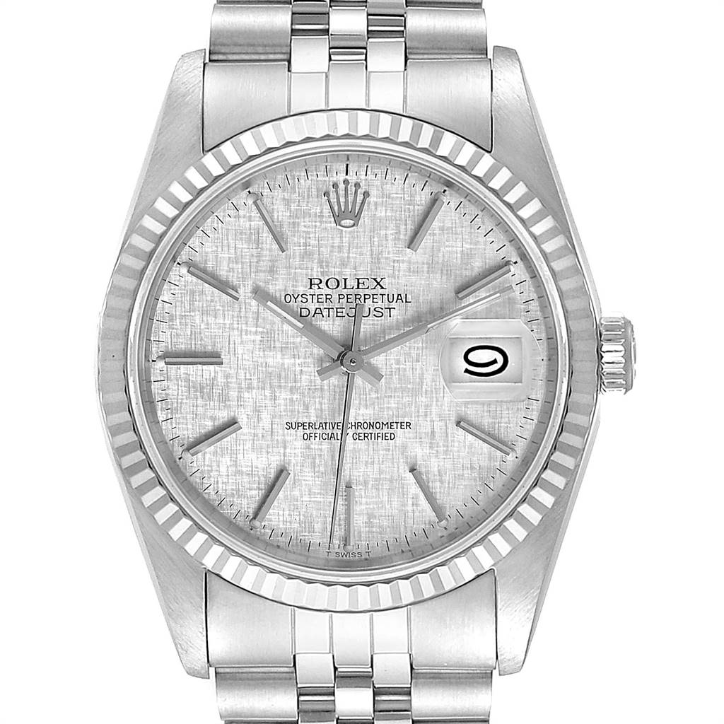 The image shows a front view of a Rolex Datejust 16234 Men's Stainless Steel Silver Dial 16234 Men's Stainless Steel Silver Dial watch, displaying its dial, bezel, crown, and part of the bracelet.